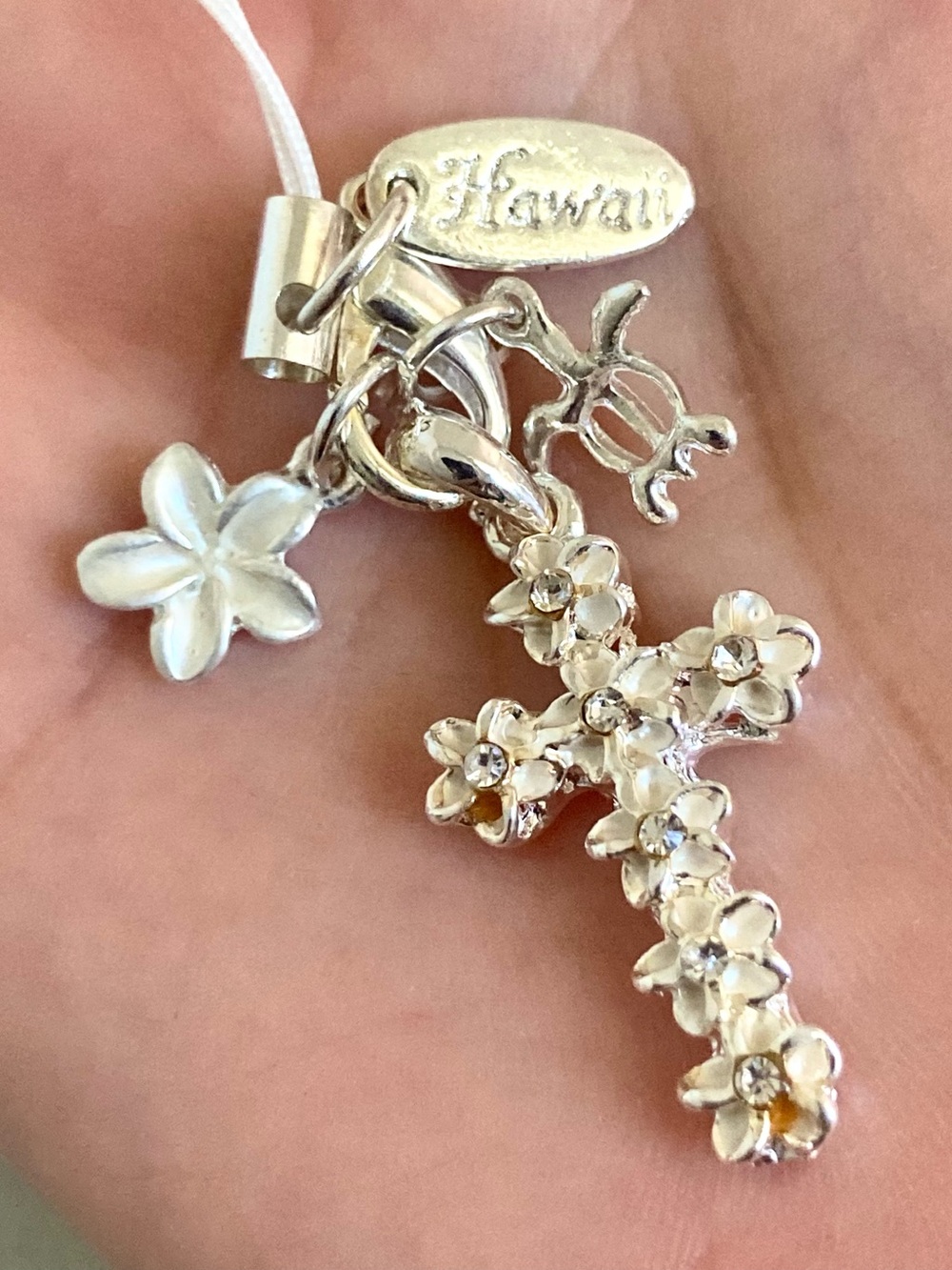 Laule’a Hawaii Floral Cross turtle plumeria silver tone phone charm NWOT